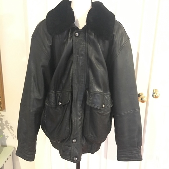 Shearling fur leather bomber jacket large black - Picture 2 of 8